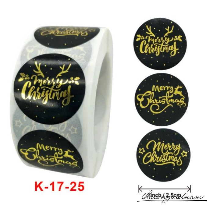 Sticker tròn Giáng Sinh nhũ ánh kim (500 tem)- Merry Christmas đen